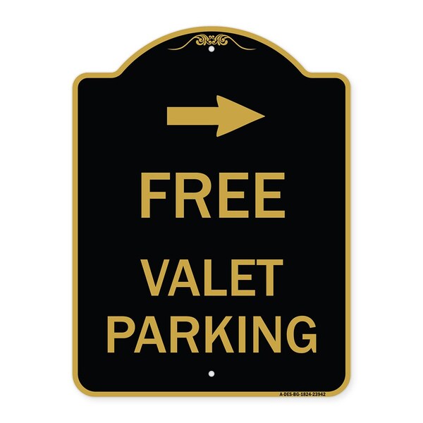 Signmission Free Valet Parking W/ Right Arrow, Black & Gold Aluminum Sign, 18" x 24", BG-1824-23942 A-DES-BG-1824-23942 - main